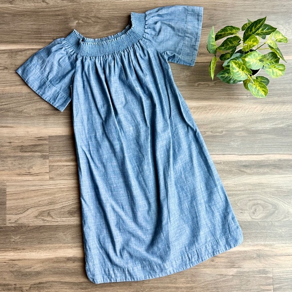 J. Crew Chambray Smocked Off-Shoulder Dress Blue Size 4 - Picture 11 of 13